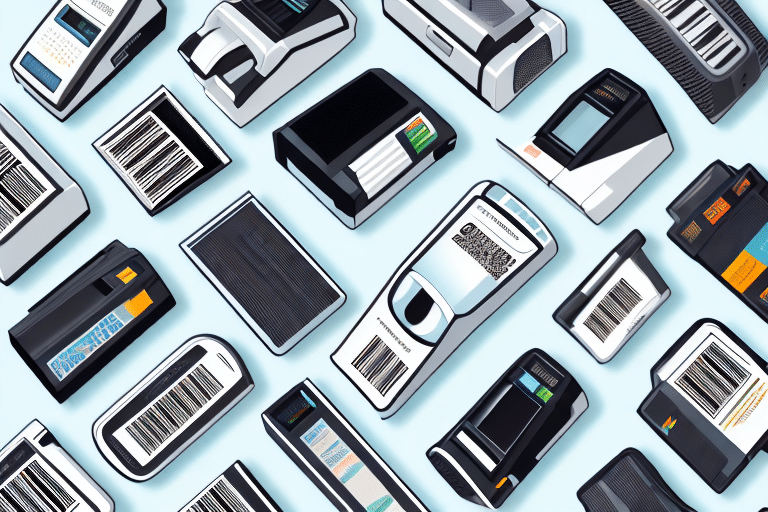 Illustration of various barcode scanners and label printers, essential for e-commerce in 2023, arranged diagonally on a light blue background. The devices vary in design, color, and size, featuring displays, buttons, and visible barcodes.