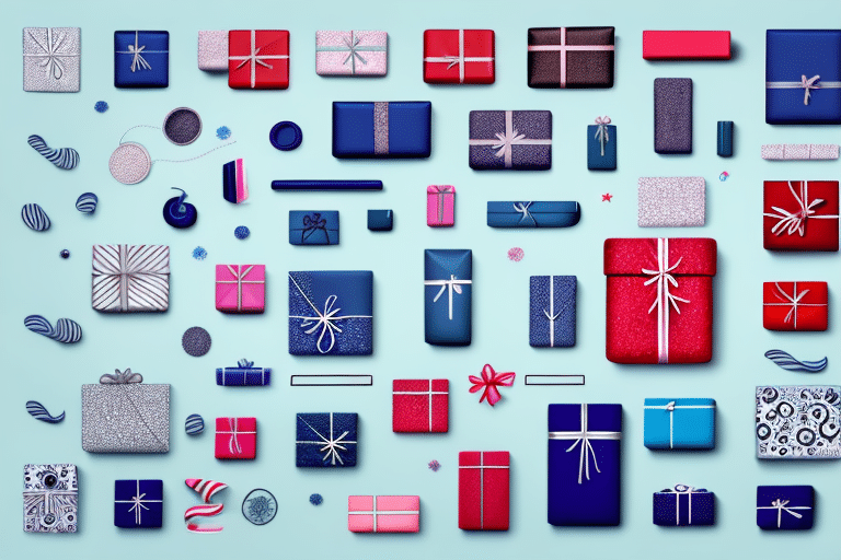 A variety of wrapped presents in different sizes and colors, including blue, red, and patterned wrapping paper, arranged on a light blue background. Perfect for a Mothers Day gift guide, the presents are adorned with ribbons and bows, alongside decorative ornaments.
