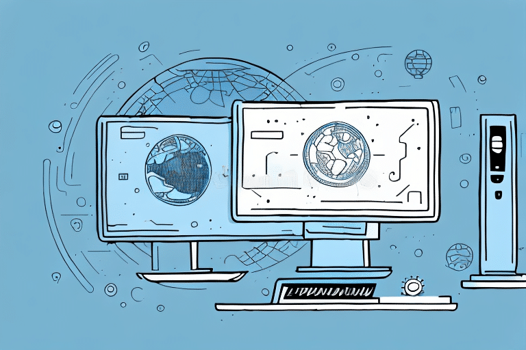Illustration of two computer monitors displaying digital maps, with circuit-like designs in the background on a blue backdrop. A tower computer is on the right, surrounded by abstract technological elements, as if navigating a step-by-step guide through an intricate digital realm.