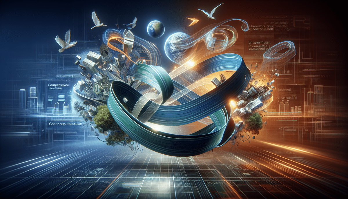 A futuristic digital artwork showcases flowing ribbons connecting technology, nature, and the Earth, drawing a comparison to the innovative approaches of Mondi and Smurfit Kappa. Birds soar around symbols of urbanity, set against a glowing, abstract background of blue and orange hues.