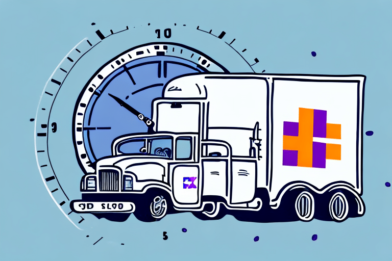Illustration of a delivery truck with a FedEx Ship Manager logo on its side, driving in front of a large clock face. The clock signifies urgency or time management in setting delivery times. The background is light blue, emphasizing swift and efficient service.