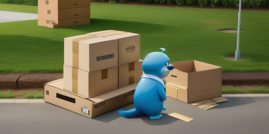 A blue cartoon character sits on the pavement, surrounded by various cardboard boxes against a backdrop of green grass. The scene resembles an International Paper ad as the character examines and compares different box designs.