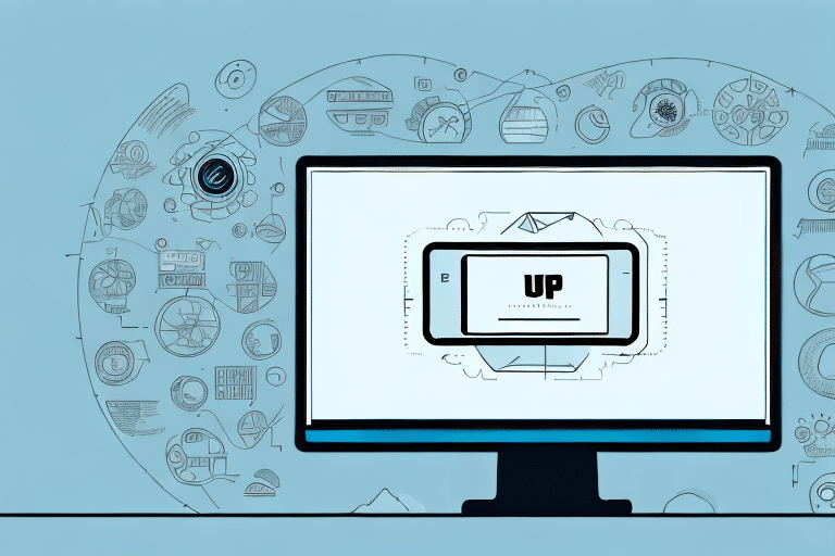 A computer monitor displaying the word UP is at the center, surrounded by an array of mechanical and digital icons. The technological and innovative atmosphere hints at Windows 10 features. The predominantly blue color scheme adds to the modern vibe.