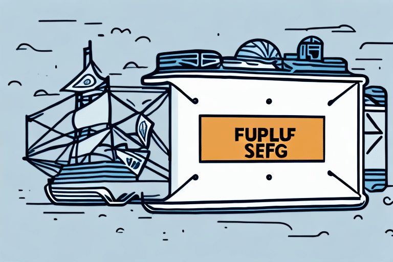 An abstract illustration of a stylized ship features a large rectangular structure with the text FUPLUF SEFG. This sketch-like design, reminiscent of a default shipping setting, displays blue and orange hues against a light grey backdrop.