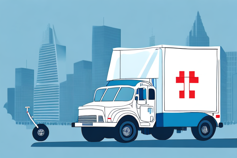Illustration of a white and blue delivery truck with a red cross symbol, representing the benefits of reliable medical supply delivery, parked in front of a city skyline. A small, single-wheeled robotic delivery device is poised nearby on the street, as buildings silhouette against a blue background.