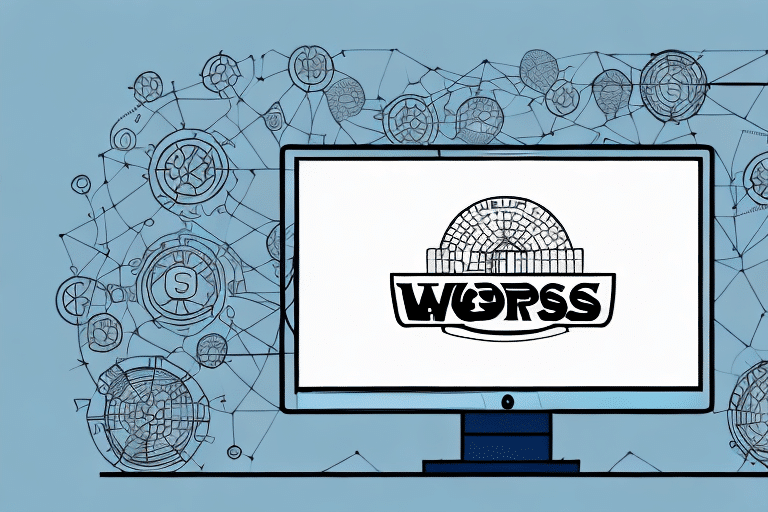 A computer monitor displaying the WordPress logo is surrounded by interconnected lines and circular symbols, implying a network setup akin to a step-by-step guide. The background is a light blue color.