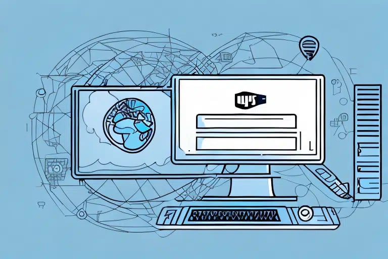 Illustration of a desktop computer with a login screen and a globe on the monitor, symbolizing UPS WorldShip server status. The background features abstract network lines and icons representing global connectivity, set against a light blue backdrop.