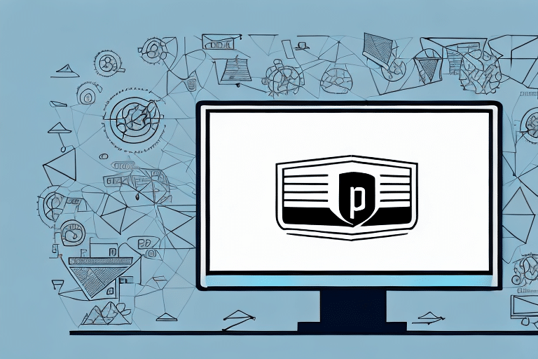 A computer monitor displays a stylized shield with the letter P on it, while surrounding icons evoke technology and connectivity. Among these, an address book icon and symbols hinting at importing from UPS WorldShip subtly blend into the light blue background.