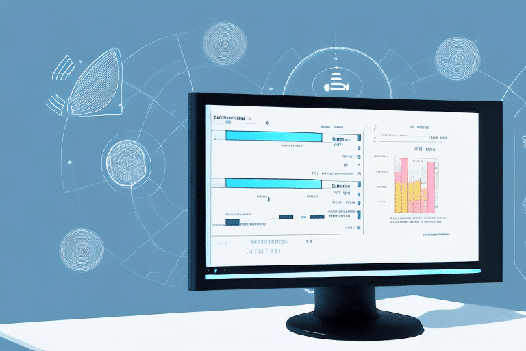 A computer monitor displaying data charts and graphs, with UPS WorldShip capabilities integrated, set against a blue background featuring scientific illustrations of eyes and a brain. The screen also shows a timeline and a bar graph with labeled sections.