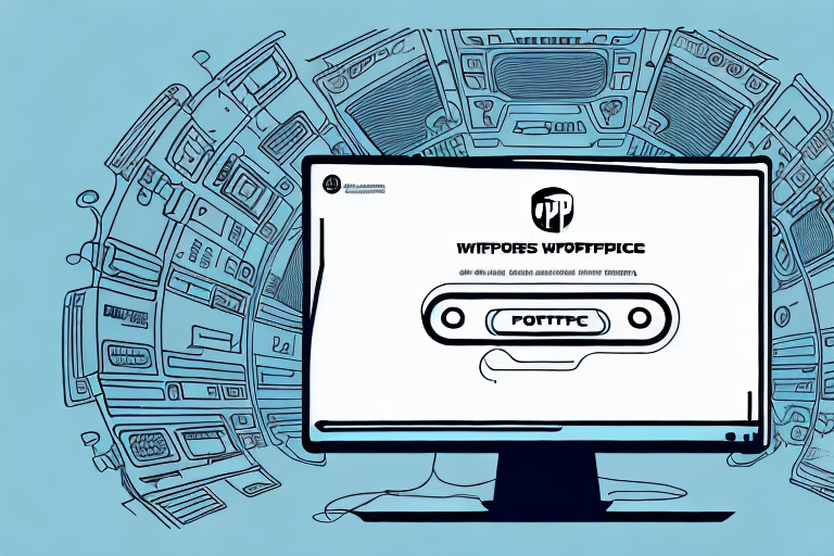 A computer monitor displays stylized, distorted text with a series of retro televisions forming an arc around it, illustrating a UPS WorldShip Error. The light blue background highlights the fusion of old and new technology.