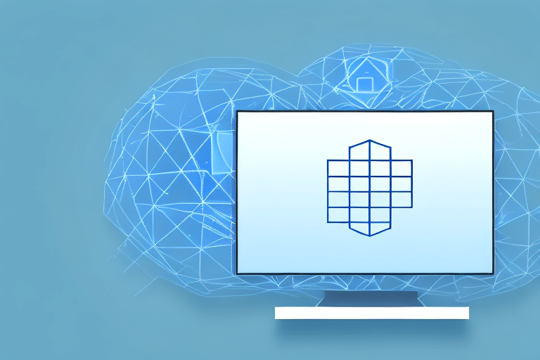 A computer screen displays a geometric pattern resembling a shield, symbolizing security. Behind it, a digital representation of a cloud with network lines and a small padlock icon suggests configuring Windows 10 Firewall for enhanced cloud computing and data protection.