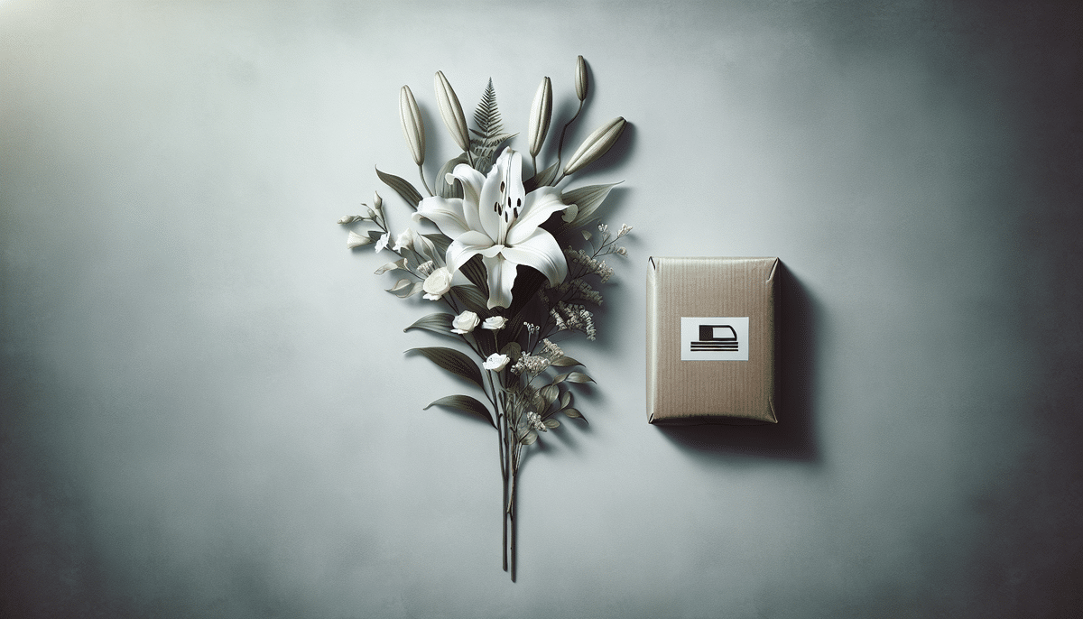 A minimalistic arrangement of white lilies and other small white flowers rests on a gray surface. Next to the bouquet is a rectangular, beige gift with a UPS label. The scene is softly lit, creating a serene atmosphere.
