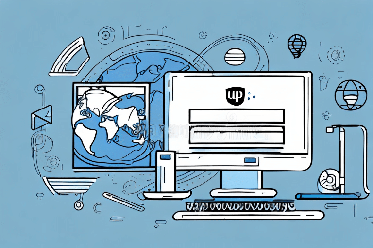 Illustration of a computer setup with a monitor displaying a login screen. Earth maps and technology icons surround the desk, symbolizing global connectivity and automating efficiency. The background is blue, giving a tech-themed appearance.