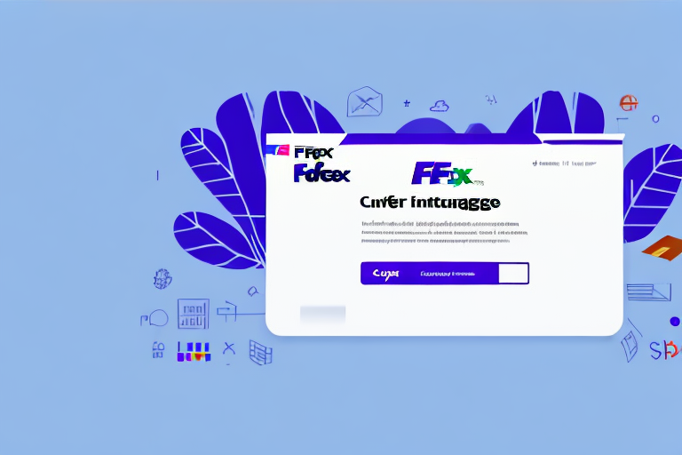 A stylized website mockup with textual elements resembling Forex and a text input box for import addresses. The background features various abstract icons and graphics in blue, adding a modern and creative touch reminiscent of shipping software interfaces like FedEx Ship Manager.