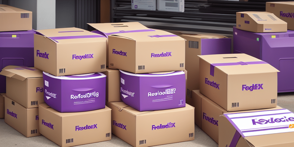 Stacks of cardboard boxes with purple accents are piled haphazardly on a concrete floor, reminiscent of moments when even the FedEx Ship Manager encounters registering problems. Some boxes have visible tape, and all display a distinctive purple and white logo on the sides.
