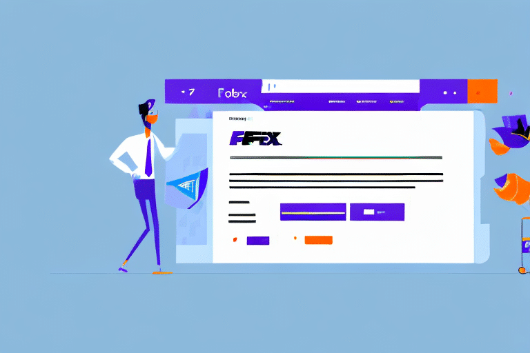 Illustration of a person standing near a computer screen displaying a Forex website, with charts and data on how to use Doc Tab features. The background is light blue, and the person holds a briefcase, reminiscent of someone managing shipments with FedEx Ship Manager.