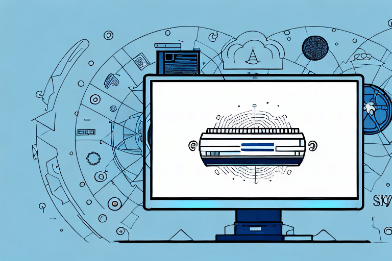 A computer monitor displays a digital dashboard with interconnected lines and icons, symbolizing technology, data networks, and ODBC connections. Surrounding the screen is a circular arrangement of various tech-related elements. The background is light blue.