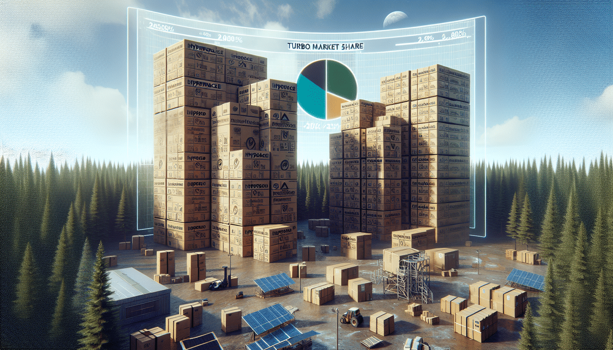 Stacked cardboard boxes resembling skyscrapers form a cityscape against a forest backdrop, courtesy of Pratt Industries. A pie chart labeled Turbo Market Share is projected above. Solar panels and construction equipment from Packaging Corporation of America are visible on the ground.
.