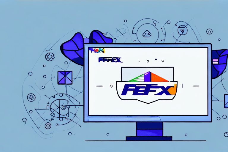 A computer monitor displays a logo with abstract geometric designs and various colors, much like the interface of FedEx Ship Manager Software. The background is a light blue with creative, schematic-style drawings surrounding the monitor, depicting technology elements in an initializing phase.
