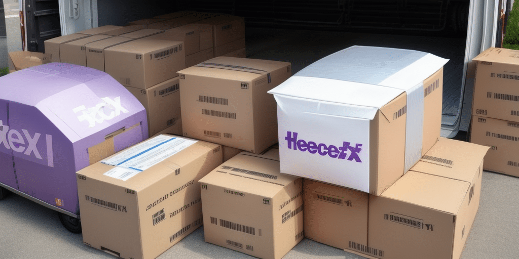 A truck filled with large cardboard boxes, some labeled HexeX, waits in a bustling loading area, as more boxes are stacked outside. The scene suggests an organized package delivery process, possibly using FedEx Ship Manager to seamlessly import addresses and ensure prompt shipping.