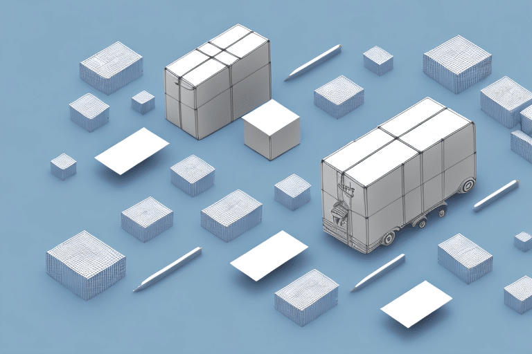A 3D illustration of various cardboard boxes, including two larger, wheeled containers essential for shipping, on a light blue background. Smaller boxes and flat rectangular objects are scattered around, alongside two pencils.