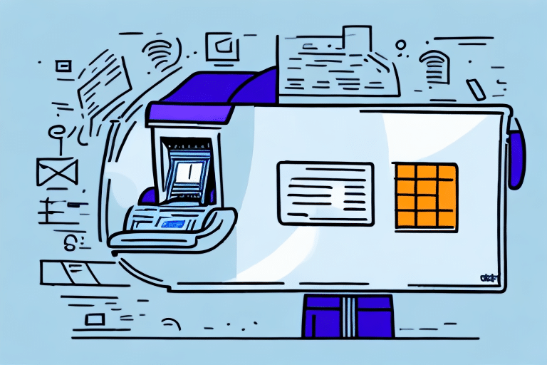 Illustration of an envelope with a blue-and-purple color scheme, featuring digital icons like Wi-Fi and email symbols. A laptop is visible inside the envelope, suggesting themes of digital communication and connectivity, enhanced by SmartPost and FedEx Ship Manager for efficient delivery solutions.