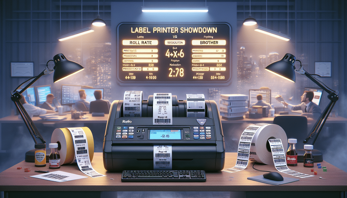 On a cluttered desk, a Brother QL-1100 label printer efficiently prints labels with visible barcodes. Behind it, a scoreboard titled Label Printer Showdown compares models. Two illuminated desk lamps flank the printer, while office workers bustle in the blurred background.