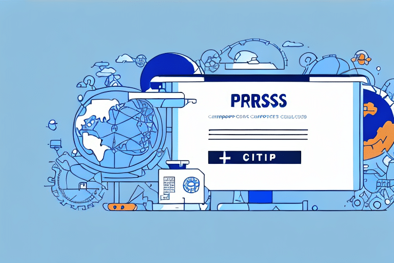 An abstract illustration features a large computer screen displaying PRRSSS and CITIP. Surrounding the screen are gears, globes, and circuit-like patterns on a blue background, resembling a step-by-step guide to downloading WorldShip UPS.