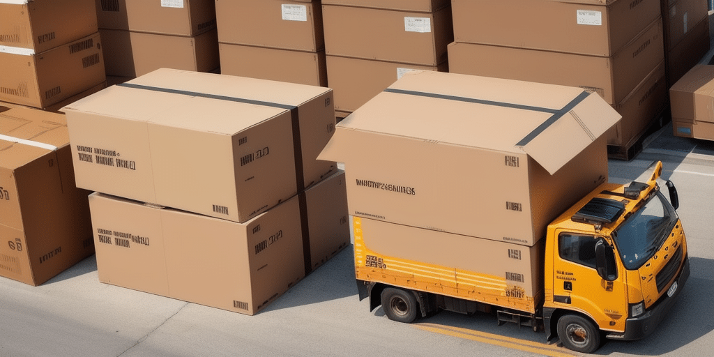 In a bustling warehouse area, a bright yellow truck transports a large cardboard box labeled MOVING COMPANY, amidst similar cartons. This scene hints at the precision and expertise found in logistics, where services like UPS Worldship streamline every shipment with accuracy.