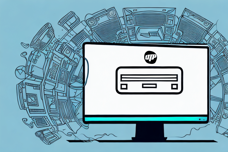 A digital illustration of a computer monitor displaying the OP logo and a keyboard, surrounded by sketches of vintage electronic devices like boomboxes and radios, against a blue background. The scene hints at failed updates, echoing the troubleshooting challenges of the UPS WorldShip era.