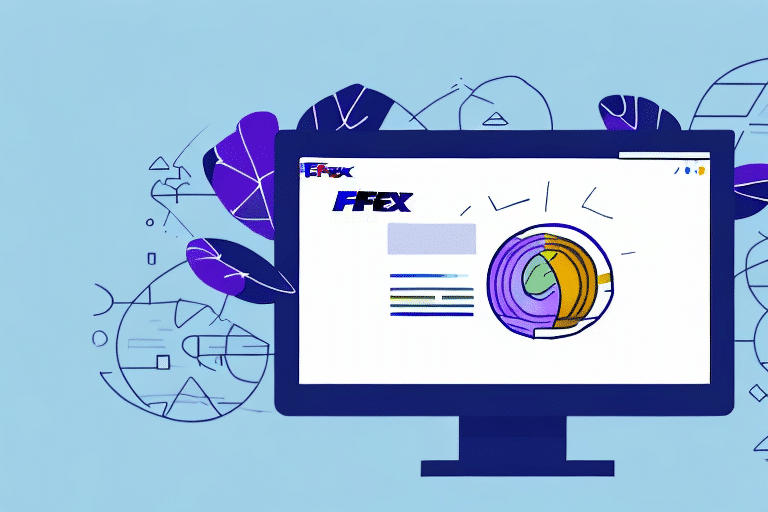 An illustration of a computer monitor displaying a webpage with the text FFEX, reminiscent of FedEx Ship Manager, adorned with colorful abstract graphics. Geometric shapes and leaf motifs enhance the scene on a light blue background, creating a harmonious blend of technology and nature.