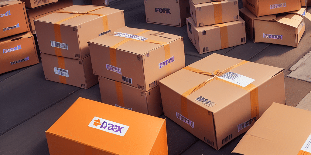 Stacks of cardboard boxes with various shipping labels sit on the ground, suggesting a shipment in progress. Some boxes are labeled with recognizable courier names, including FedEx. As the End of the Day Report approaches, workers use FedEx Ship Manager to ensure each package is on track for delivery.