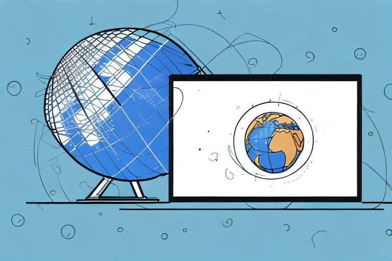 An illustration of a blue globe on a stand next to multiple computers, each displaying a digital version of the globe. The light blue background with abstract lines and dots signifies technology, global connectivity, and hints at how to use these systems for seamless integration like UPS Worldship.