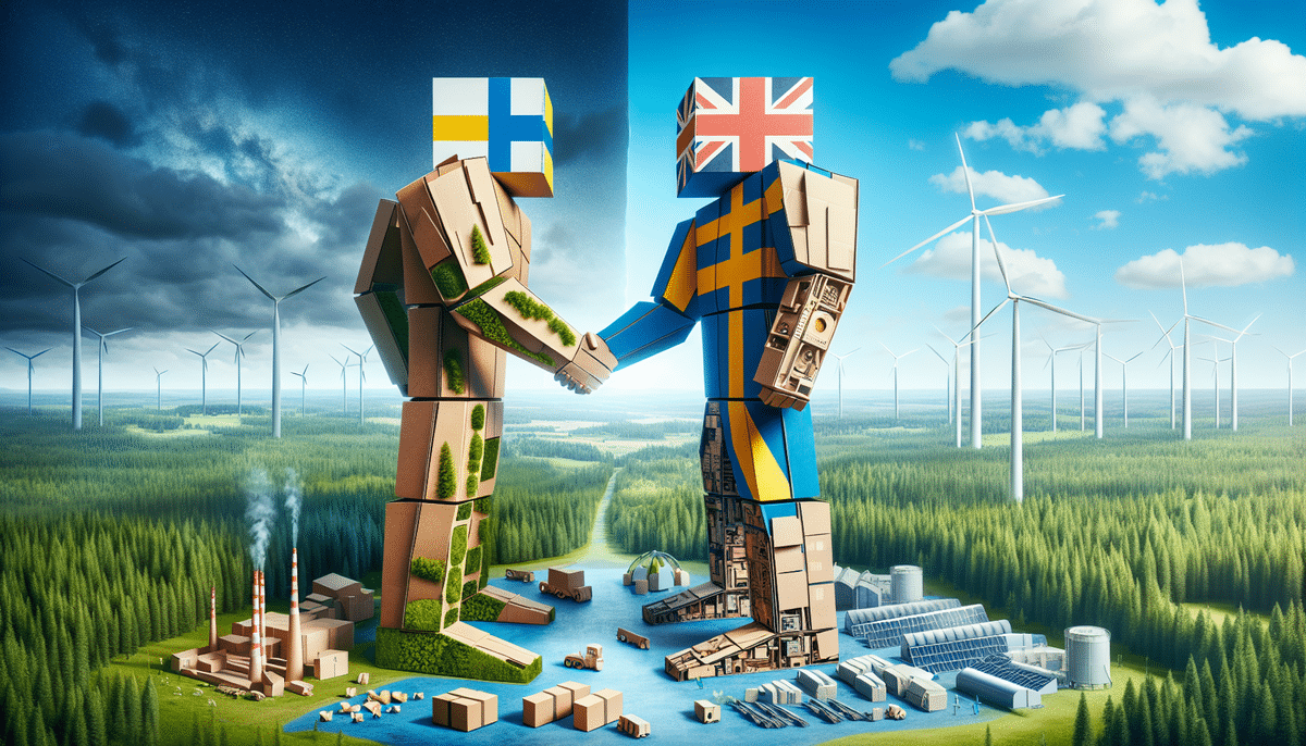 Two blocky human figures wearing Finnish and British flags as helmets shake hands. The Finnish figure, symbolizing Stora Enso, stands over lush green landscapes and wind farms, while the British figure, representing DS Smith, oversees industrial areas and smokestacks—a vivid comparison of contrasting environments.