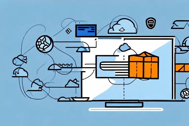 Illustration of a computer screen with cloud icons, interconnected lines, and a central orange box, symbolizing admin-level cloud computing and data management on a light blue background.