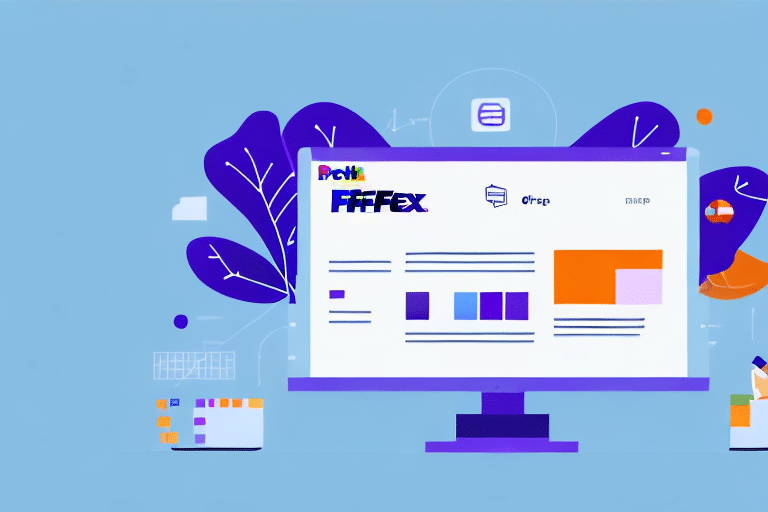A computer screen showcases a colorful website layout with abstract graphics and bold text reading FFFFFF. Surrounding the screen are floating icons and shapes, evoking a digital design theme akin to software development or setting up a Dimensions Profile on FedEx Ship Manager.