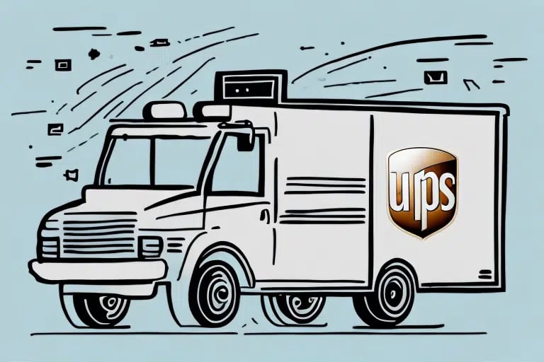 An illustration of a delivery truck with the UPS logo on the side, seamlessly moving against a light blue background with stylized lines suggesting motion. This scene captures the essence of UPS WorldShip enabling businesses to update rates every day for efficient logistics management.