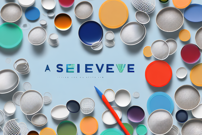 A variety of colorful circular objects, including sieves and solid disks, are arranged on a light blue background. A red paintbrush is positioned near the center, showcasing The Art of Sifting as the letters A SEIEVEVE emerge among the items.