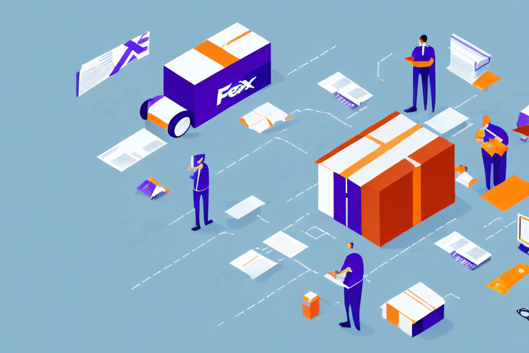 An illustration of people interacting with oversized packages and a delivery truck labeled FedEx Ship Manager. Documents and boxes are scattered around, depicting a logistics or shipping concept on a blue background, emphasizing the process of generating labels efficiently.