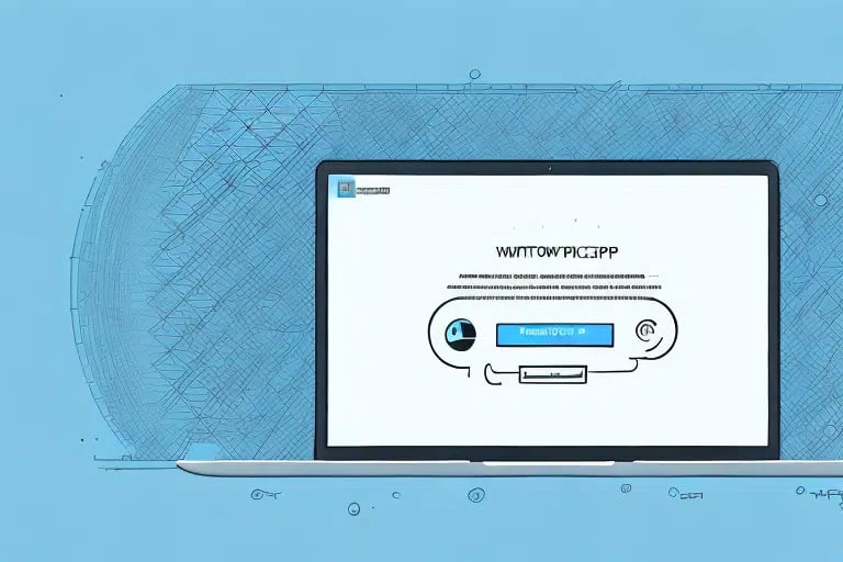 A laptop on a blue background displays a Windows 7 login screen with an abstract design, digital text, and a login button. It evokes the anticipation of installing essential software like UPS Worldship for seamless logistics management.