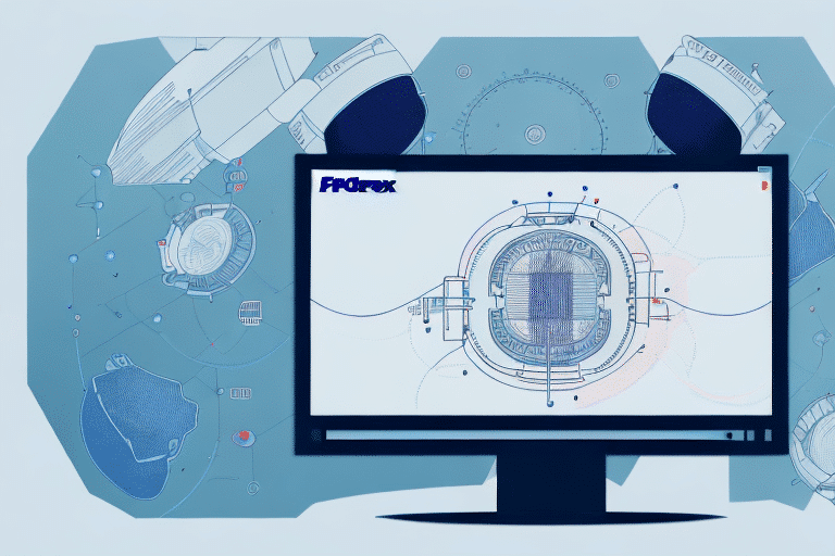 A computer monitor displays a technical blueprint of a mechanical device, likely related to machinery or engineering. Surrounding diagrams and abstract shapes suggest a workspace focused on design and technology, perhaps utilizing a Dymo Printer for precise label creation.
