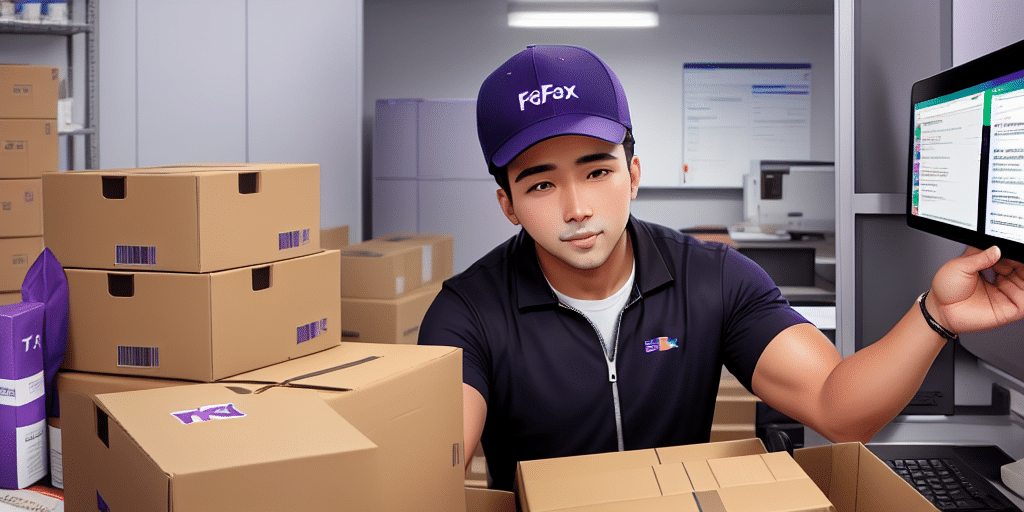 A delivery worker in a FaFax-branded uniform is in a storage room filled with boxes. Holding a digital tablet displaying FedEx Ship Manager, he stands surrounded by cardboard packages, ready to organize shipments by Zip Code.