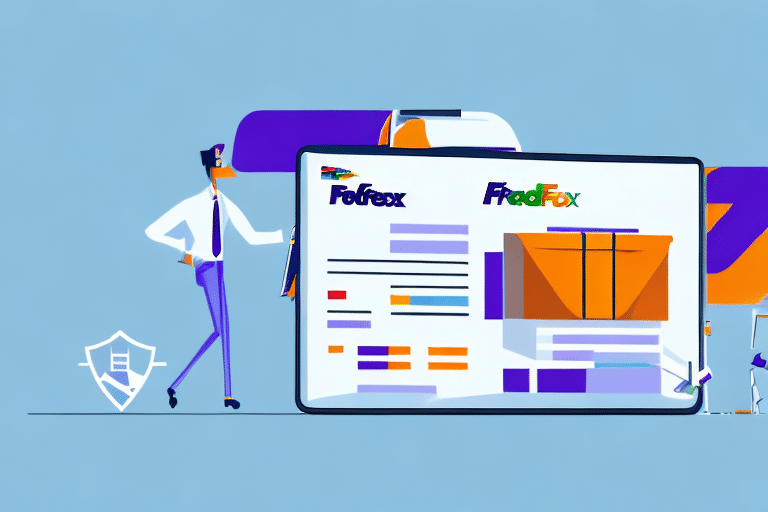 Illustration of a person pointing at a large digital screen displaying FedEx logos and parcel images. Various icons and graphs indicating delivery or logistics themes, including Fairbanks Scale metrics, are set against a blue background.