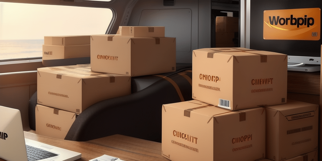 A room filled with stacked cardboard boxes, each displaying various labels. A computer sits near the digital display featuring the Worbpip logo. Sunlight streams in through a window, creating a peaceful atmosphere, as if inviting you to reflect on how to quit the chaos outside.