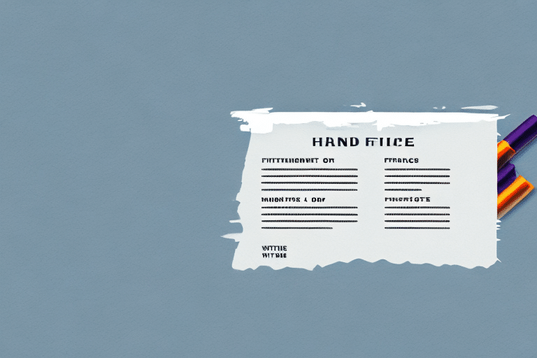 A white textured piece of paper with the title Hand Price features text lines, some marked with horizontal dashes, resembling a pricing label. Three colored pencils—yellow, purple, and orange—are placed partially over it against a light blue background.