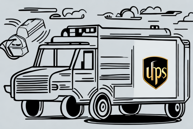 Illustration of a delivery truck labeled UPS driving on a road with clouds in the background. Demonstrating an understanding of speed, a package is depicted in motion, flying off from the vehicle.
