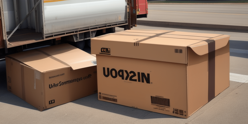 Two large cardboard boxes, labeled with text, stand ready for shipment near the open back of a truck. The scene suggests a loading area near a road, potentially coordinated through UPS WorldShip or Return Services for streamlined logistics.