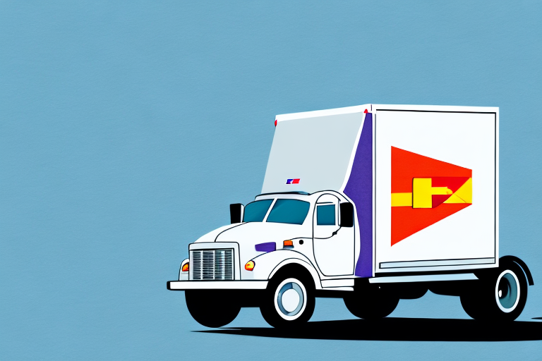 Illustration of a white delivery truck with a colorful geometric logo on its side against a light blue background, reminiscent of FedEx Ship Manager efficiency. The truck is facing left, emphasizing speed and precision in ground shipping rates, with no visible driver.