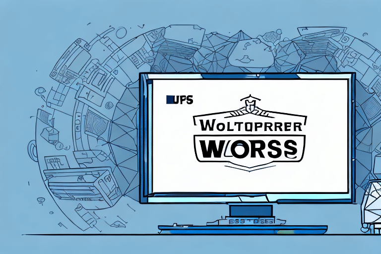 Illustration of a computer monitor displaying a logo resembling Woltprrer Wors by LPS. The background is filled with abstract tech and gadget designs in shades of blue, hinting at tech-themed concepts akin to an Upgrade Guide for evolving software solutions.
