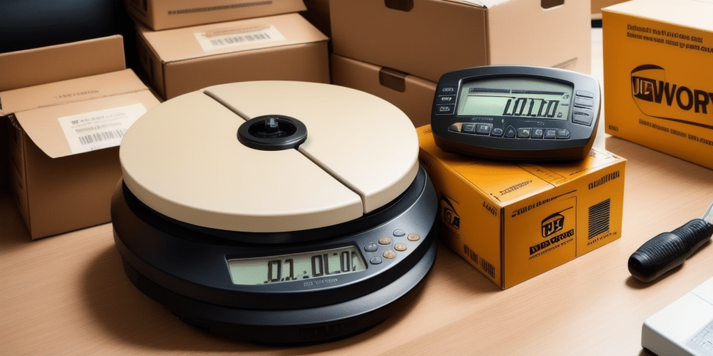 A digital postal scale and a separate display sit among brown cardboard boxes, suggesting a shipping setting. Both the scale and display show zeros, indicating readiness for weighing—ideal for those using UPS Worldship to efficiently manage their package shipments.